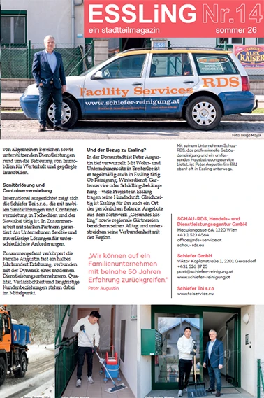 Vorschau des Esslinger Stadtteilmagazins mit Peter Augustin, Fassadenreinigung und Schiefer-Servicefahrzeug
