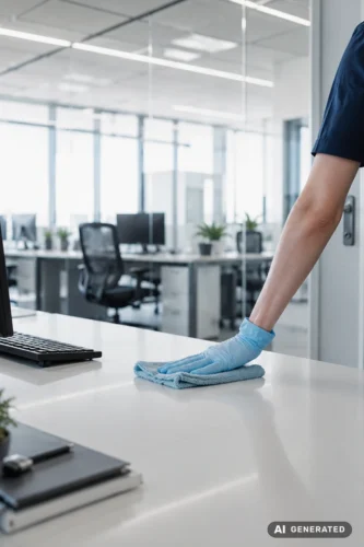 Mitarbeiter bei der professionellen Reinigung eines Büroarbeitsplatzes