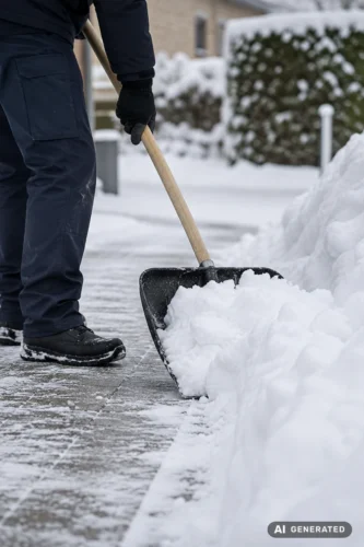 Mitarbeiter beim Schneeräumen eines Gehwegs im Winter
