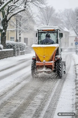 Winterdienstfahrzeug bei der Schneeräumung einer verschneiten Straße